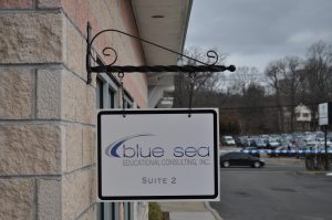 New York Wayfinding Signs outdoor hanging blade sign blue sea building business wayfinding address sign 300x199